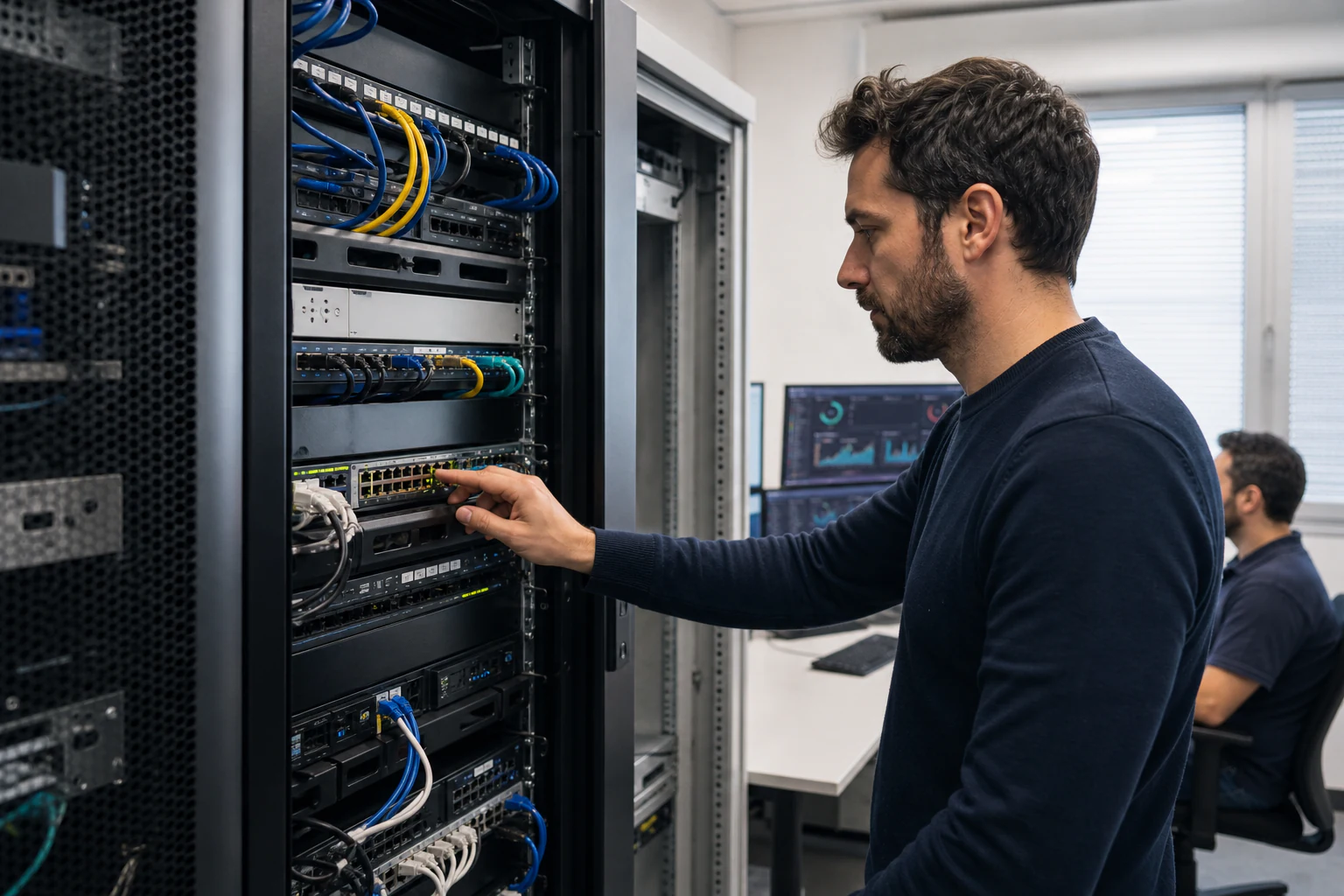 Tecnico al lavoro su infrastruttura hardware e apparati di rete in un ambiente professionale.